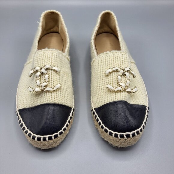 Chanel Beige Knit & Black Leather Espadrilles Size 37 B G29762 Made in Spain - Picture 6 of 16